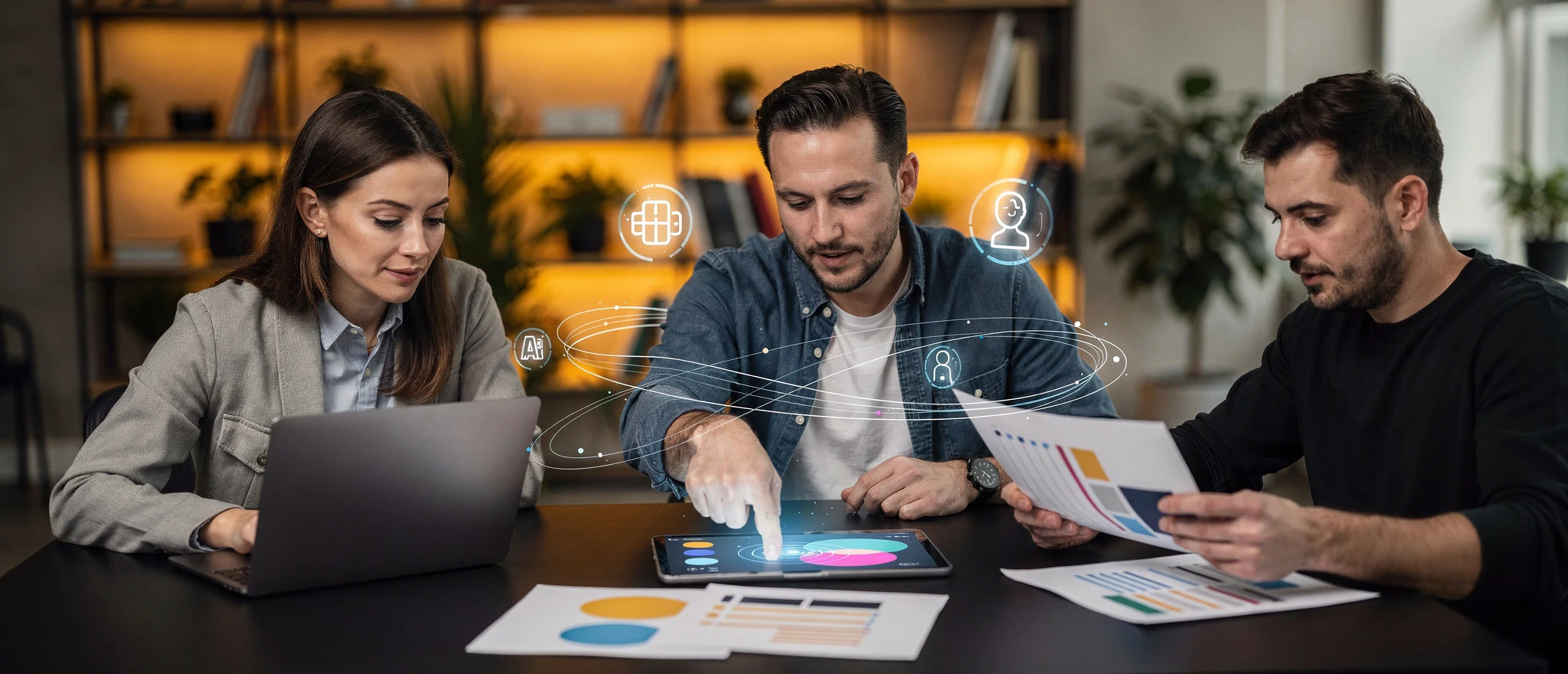 Three professionals reviewing data on a laptop and tablet with digital network icons overlaid in a modern office.