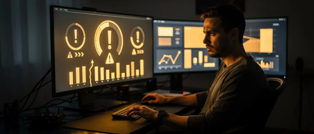 Man at desk monitoring multiple computer screens displaying data analytics dashboards and warning indicators.
