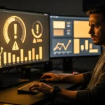 Man at desk monitoring multiple computer screens displaying data analytics dashboards and warning indicators.