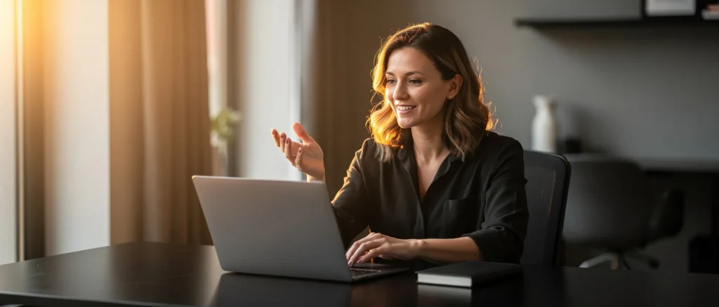 Woman in black blazer at desk using laptop with hand gestures, sunlight from window behind her.