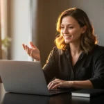 Woman in black blazer at desk using laptop with hand gestures, sunlight from window behind her.