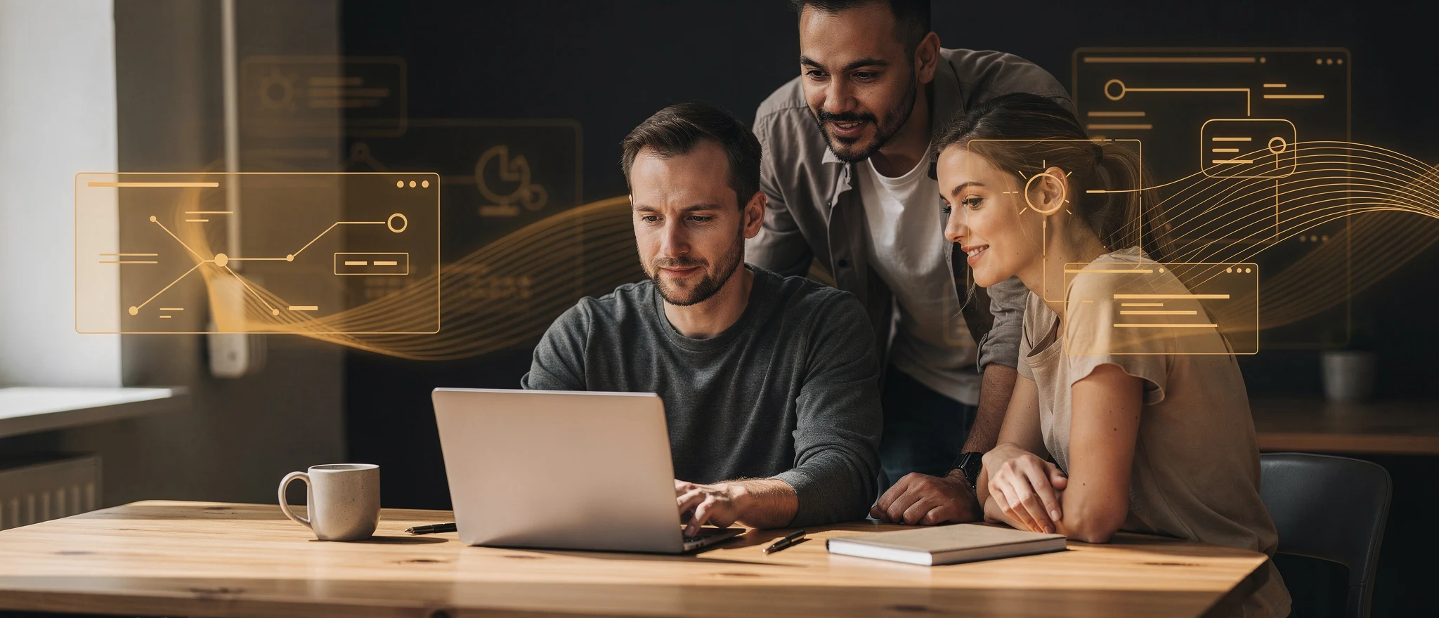 Three colleagues viewing a laptop at a desk with overlaid golden digital interface graphics.