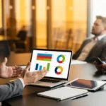 Businessman presenting data charts on laptop to two colleagues in a modern office conference room.