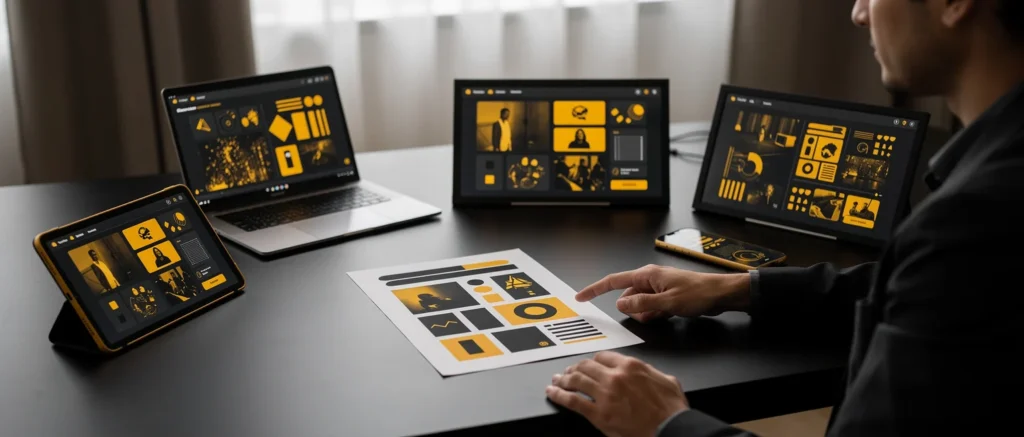 Designer reviewing yellow and black UI mockups across multiple devices on a table.