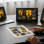 Designer reviewing yellow and black UI mockups across multiple devices on a table.