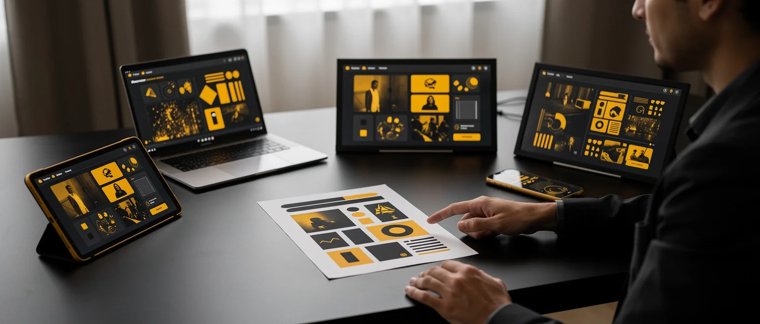 Designer reviewing yellow and black UI mockups across multiple devices on a table.
