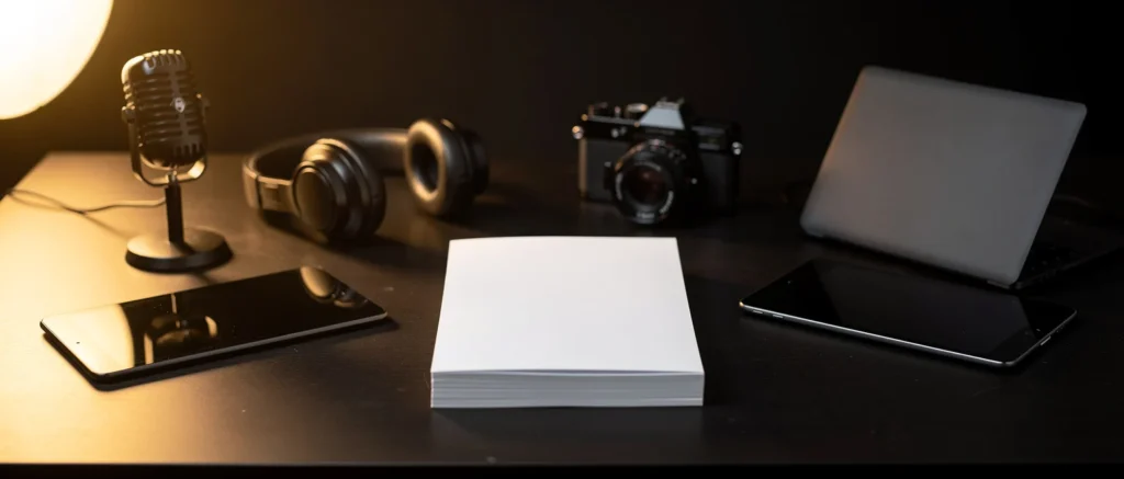 Content creator's workspace with microphone, headphones, camera, smartphone, laptop and blank notepad on dark desk.