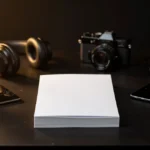 Content creator's workspace with microphone, headphones, camera, smartphone, laptop and blank notepad on dark desk.