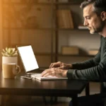 Man working at a desk with a laptop, notepad and coffee mug beside a window with warm sunlight.