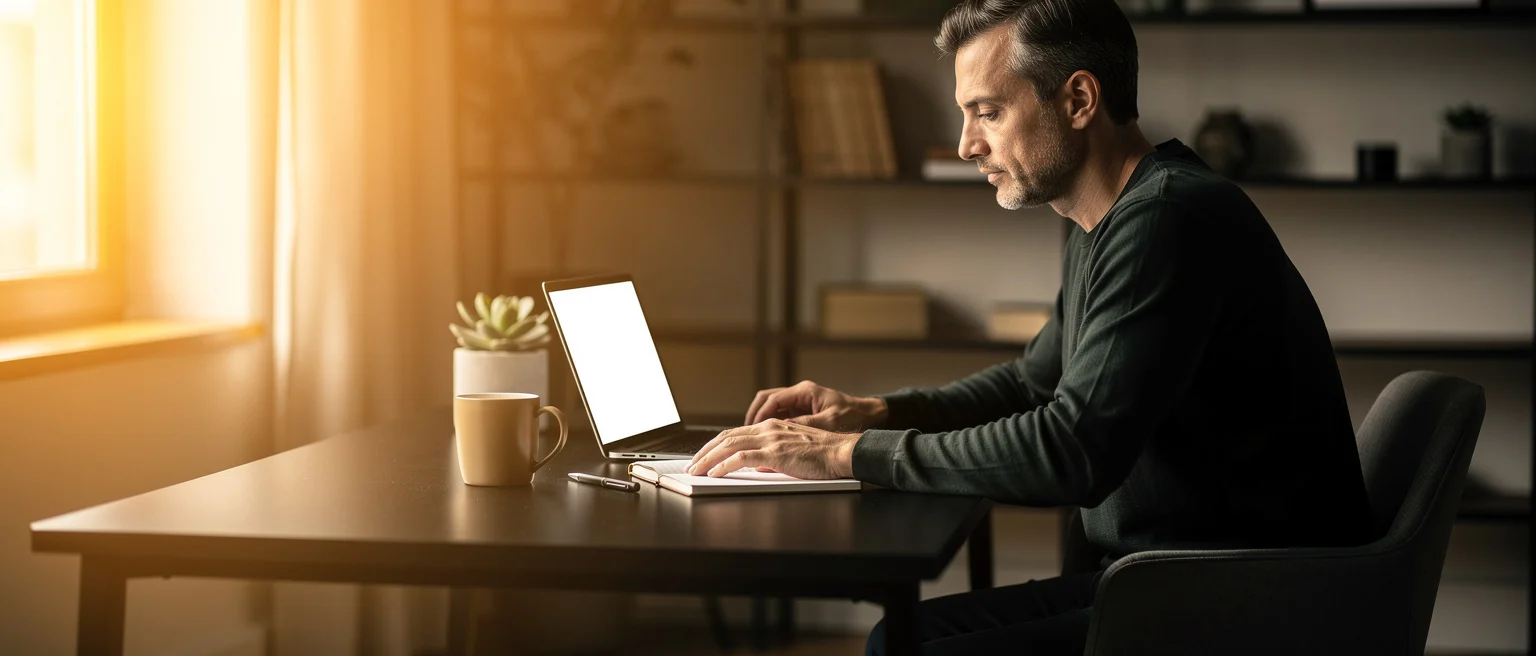 Man working at a desk with a laptop, notepad and coffee mug beside a window with warm sunlight.