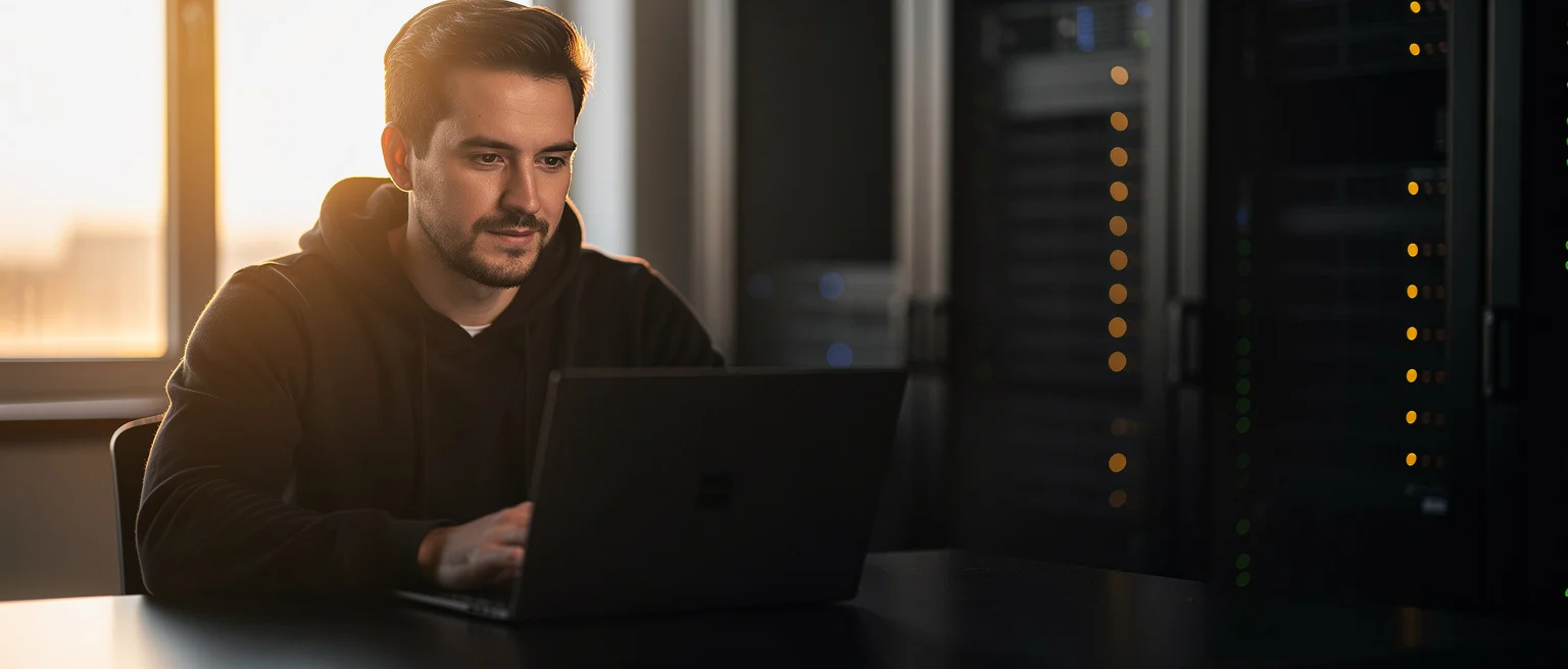 Man in dark hoodie working at laptop in server room with illuminated equipment racks.