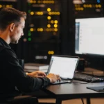 Man working at desk with laptop and dual monitors in dimly lit office at night.