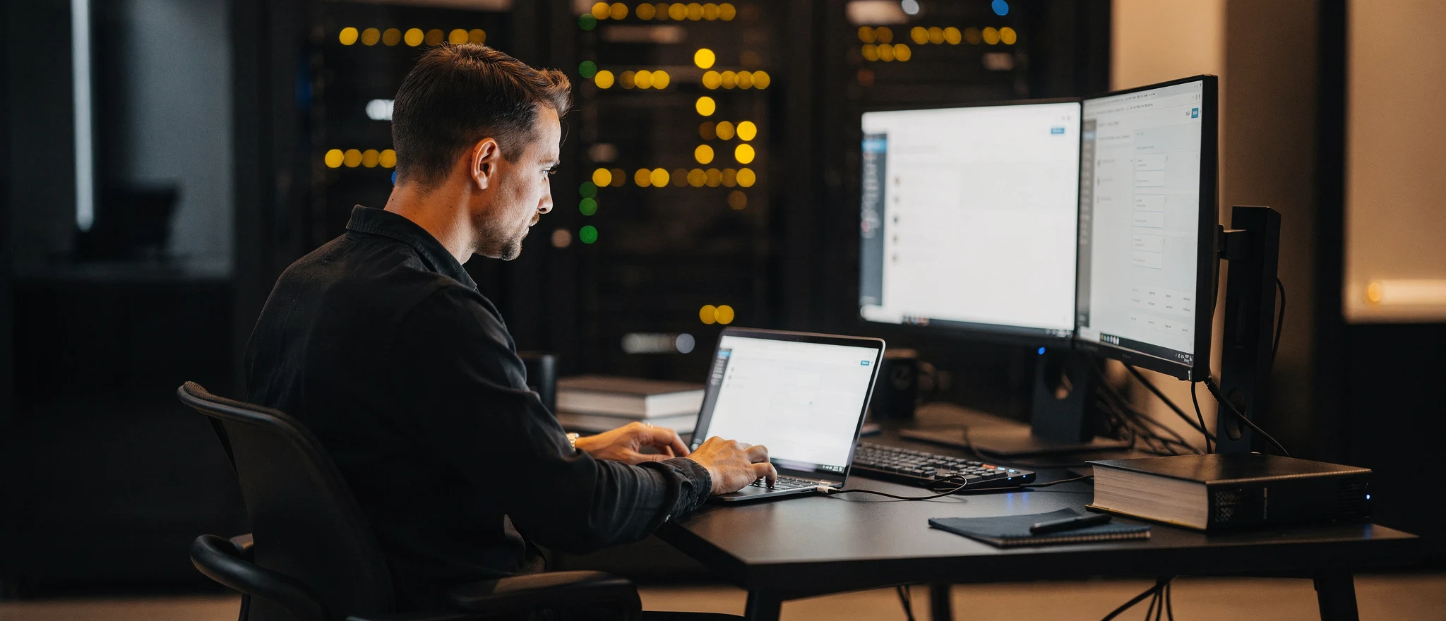 Man working at desk with laptop and dual monitors in dimly lit office at night.