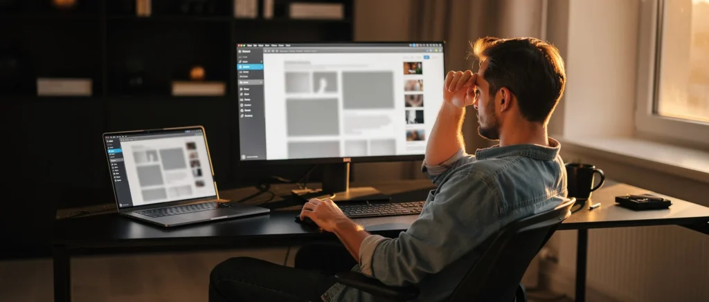 Designer working at desk with dual monitors displaying layout software in warm evening light.