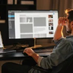 Designer working at desk with dual monitors displaying layout software in warm evening light.