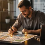 Man in office marking locations on a printed map with a pen while using a laptop.
