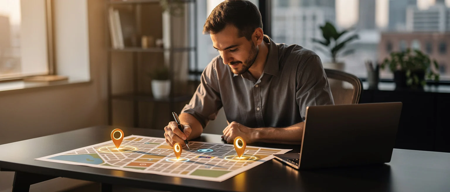 Man in office marking locations on a printed map with a pen while using a laptop.