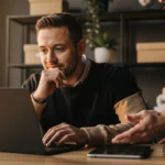 Man in black shirt looking at laptop whilst colleague gestures during office discussion.