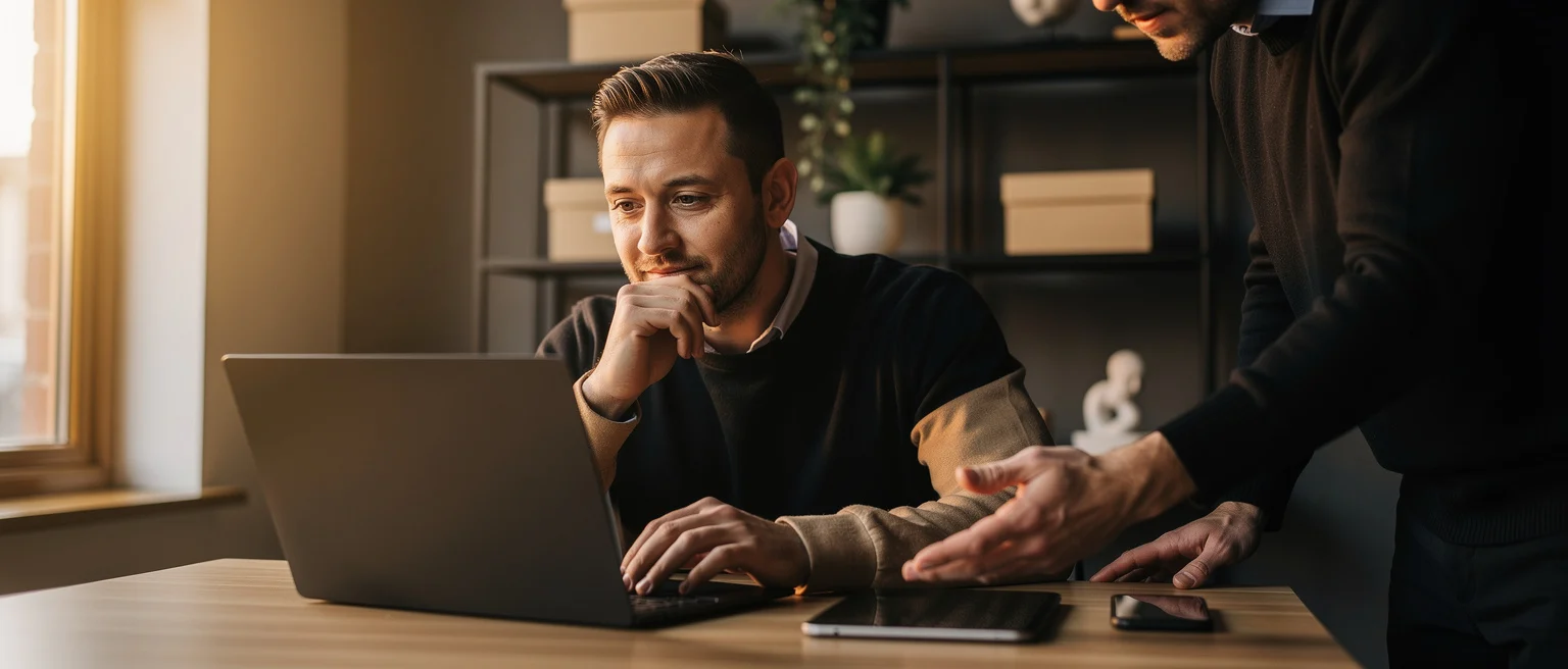 Man in black shirt looking at laptop whilst colleague gestures during office discussion.
