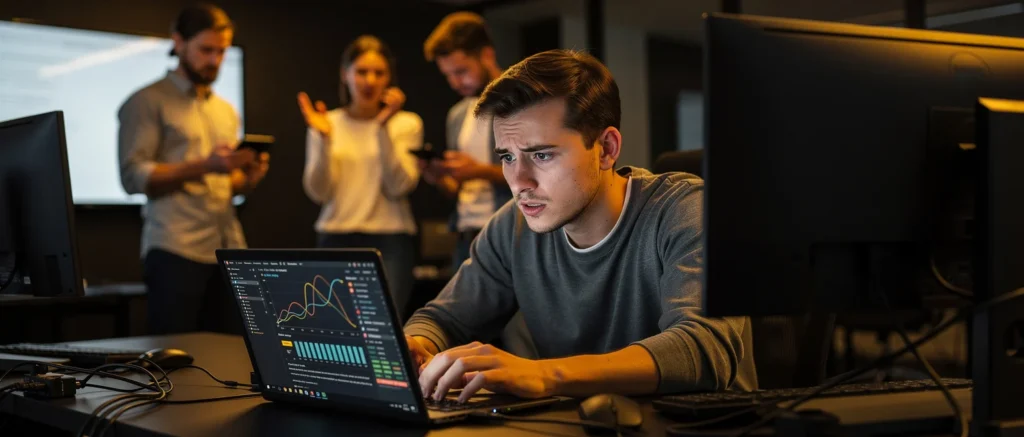 Man working at laptop displaying data analytics whilst colleagues stand in background in office environment.