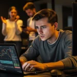 Man working at laptop displaying data analytics whilst colleagues stand in background in office environment.