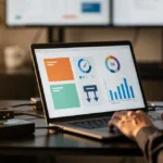 Person reviewing business analytics dashboard on laptop displaying charts, gauges and data visualisations at desk.
