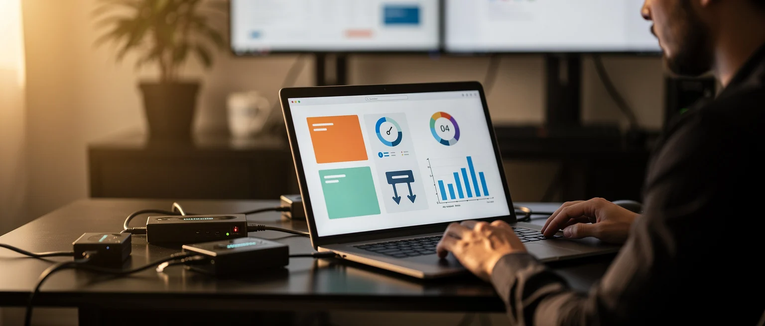 Person reviewing business analytics dashboard on laptop displaying charts, gauges and data visualisations at desk.