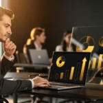 Businessman in suit reviewing financial charts on laptop and monitor during office meeting with colleagues in background.