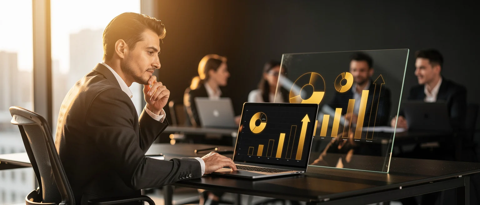 Businessman in suit reviewing financial charts on laptop and monitor during office meeting with colleagues in background.