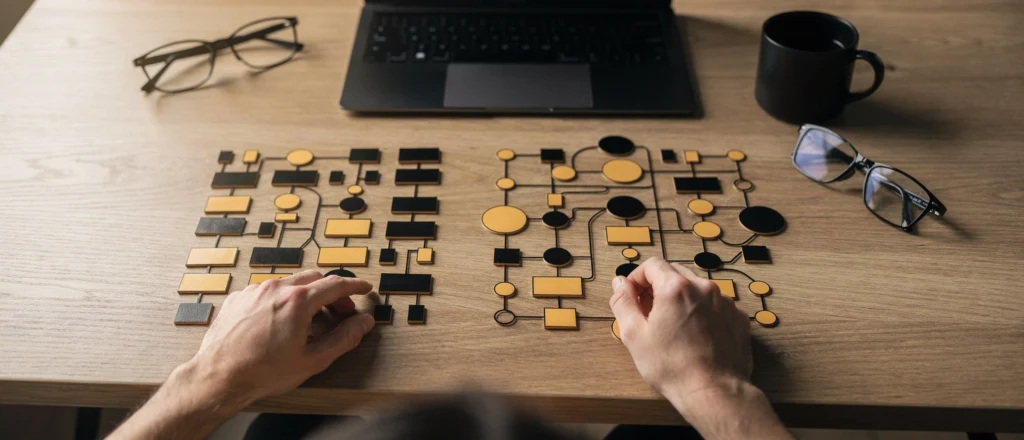 Person's hands arranging wooden and black flowchart or diagram pieces on a desk with laptop, glasses and coffee mug.