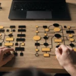 Person's hands arranging wooden and black flowchart or diagram pieces on a desk with laptop, glasses and coffee mug.