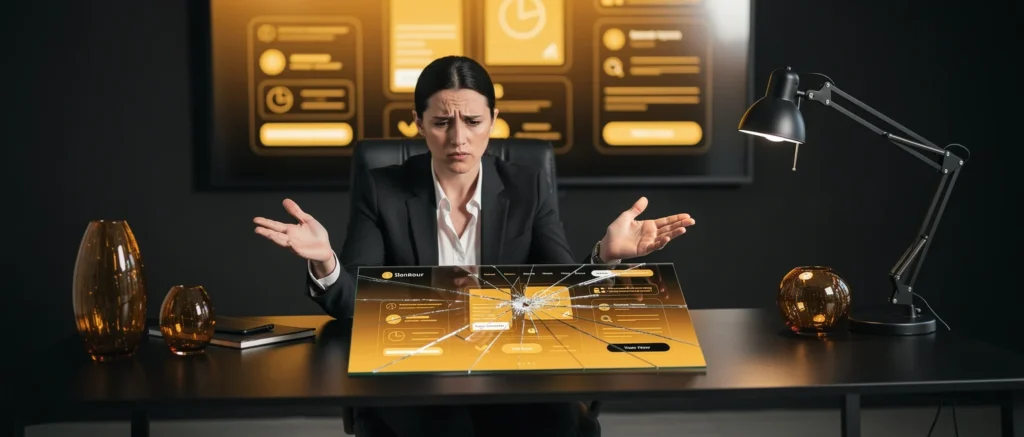 Woman in business attire gestures at holographic display showing data analytics on desk with amber glass accessories and blac