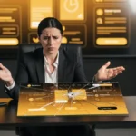 Woman in business attire gestures at holographic display showing data analytics on desk with amber glass accessories and blac