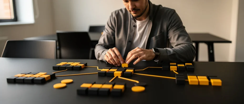 Man arranging black and yellow blocks on a table to form a network diagram.