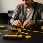 Man arranging black and yellow blocks on a table to form a network diagram.