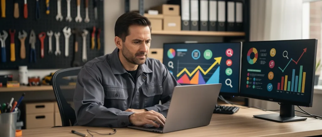 Man in work shirt using laptop at desk with dual monitors displaying business analytics and charts in workshop.