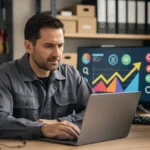 Man in work shirt using laptop at desk with dual monitors displaying business analytics and charts in workshop.
