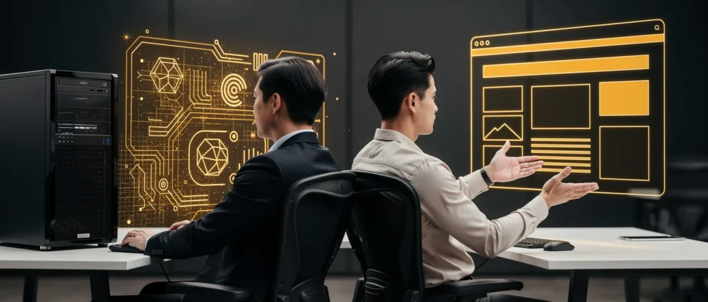 Two men at a desk viewing golden holographic displays of circuit diagrams and a website layout.
