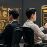 Two men at a desk viewing golden holographic displays of circuit diagrams and a website layout.