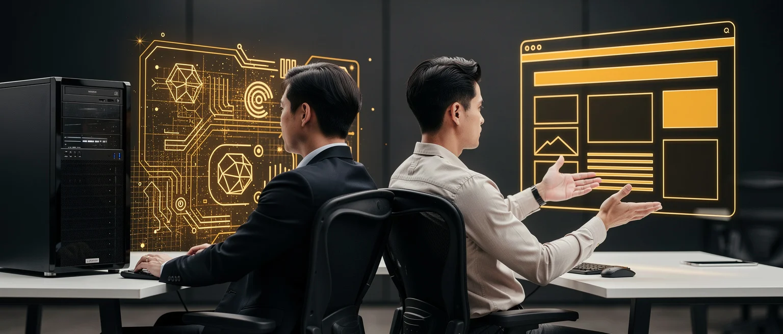 Two men at a desk viewing golden holographic displays of circuit diagrams and a website layout.