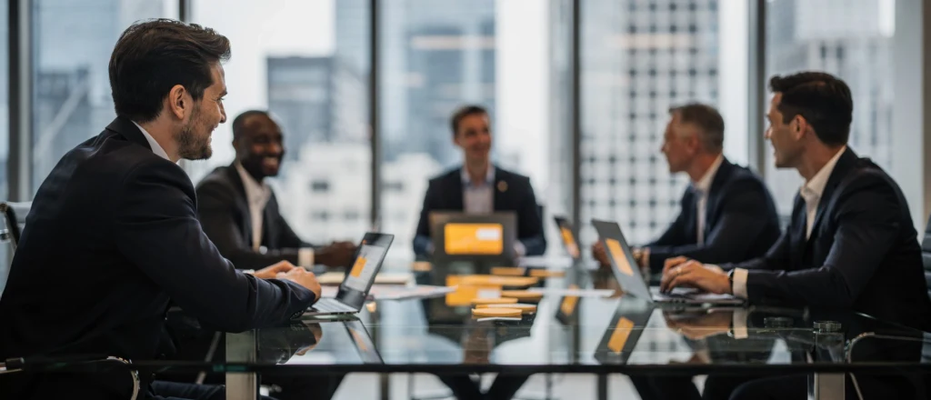 Business professionals in formal attire seated around a conference table with laptops, overlooking a city skyline.