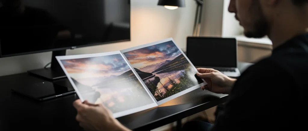 Person holding an open photo book with landscape photographs at a desk with computer monitors.