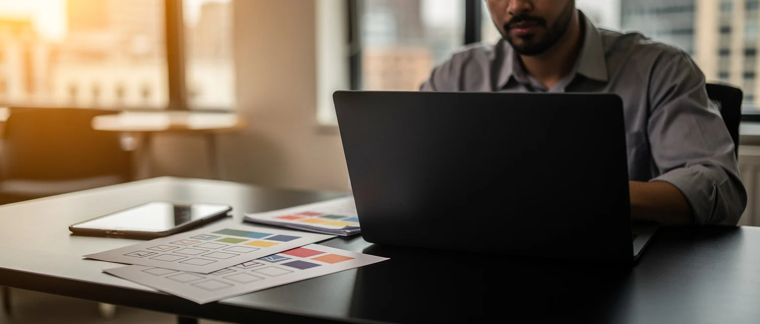 Man in grey shirt working at laptop in high-rise office with colour swatches and smartphone on desk.