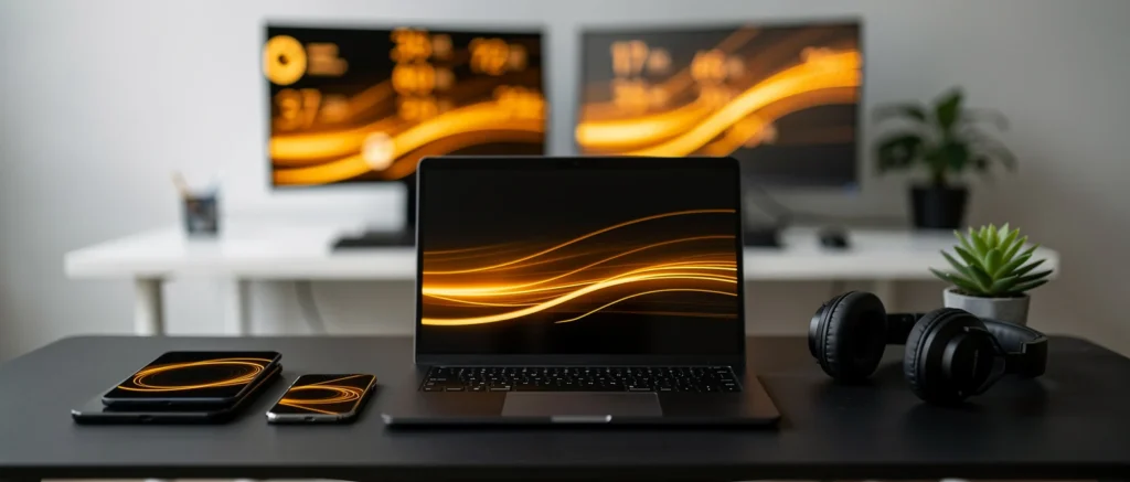 Laptop and mobile devices displaying golden light wave graphics on desk with headphones, potted plant and dual monitors behin