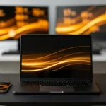 Laptop and mobile devices displaying golden light wave graphics on desk with headphones, potted plant and dual monitors behin