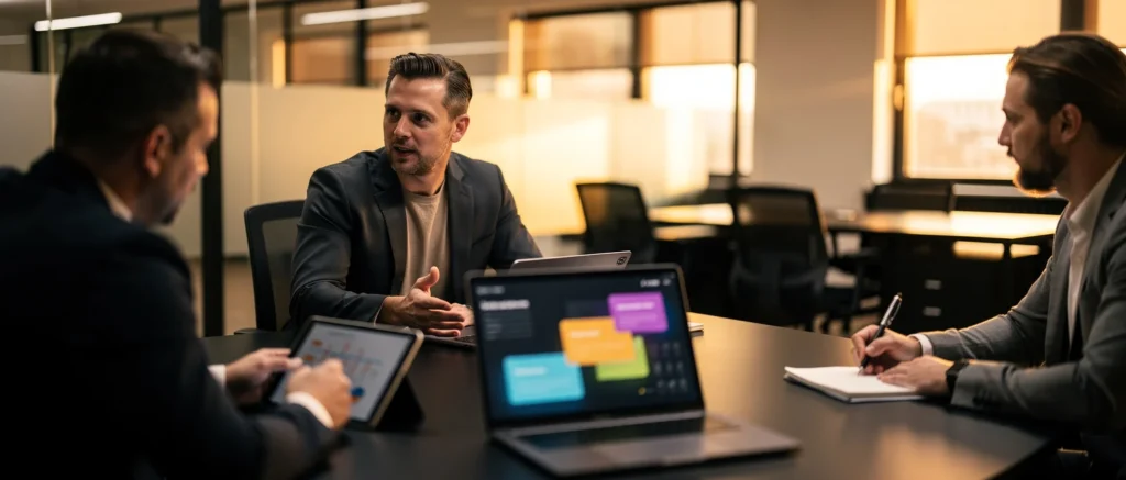 Three men in business attire discuss a project around a table with tablets and laptops displaying coloured interface designs.