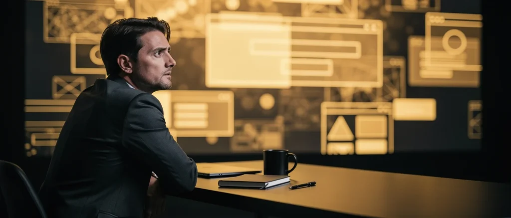 Man in dark suit sitting at desk looking over shoulder with mug and notebook, illuminated screen wall behind him.