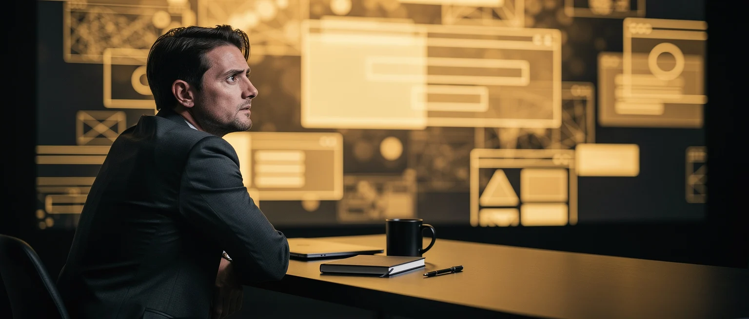 Man in dark suit sitting at desk looking over shoulder with mug and notebook, illuminated screen wall behind him.