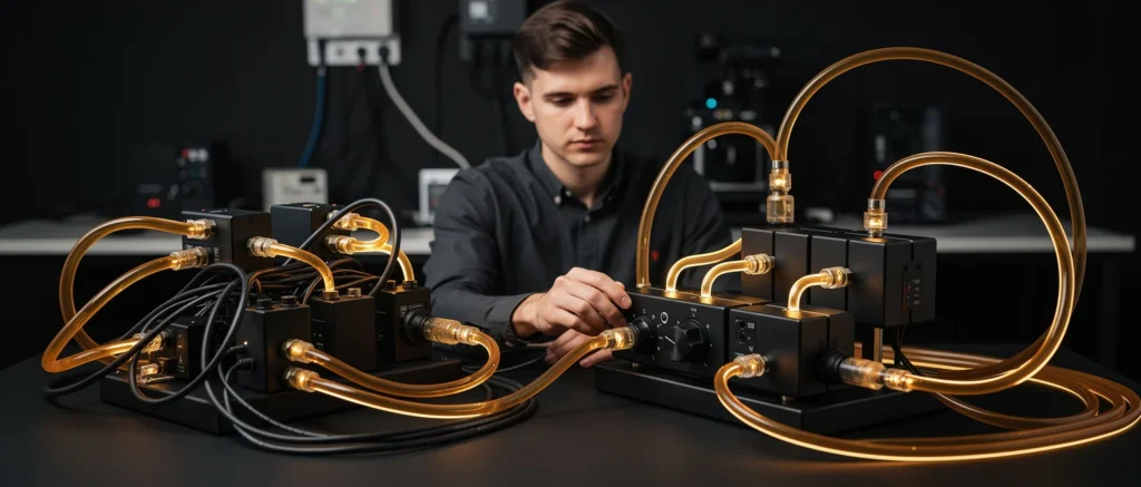 Technician adjusts brass tubing and fittings on experimental laboratory equipment with glowing heated elements.