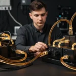 Technician adjusts brass tubing and fittings on experimental laboratory equipment with glowing heated elements.